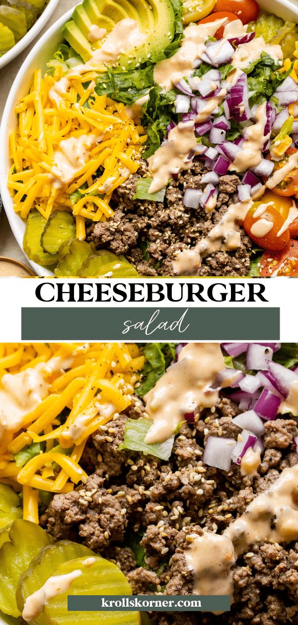 Cheeseburger Salad Bowl, Fwtfl Recipes, Hamburger Salad, Cheeseburger Salad, Suddenly Salad, Burger Salad, Mac Salad, Burger Toppings, Beef Salad