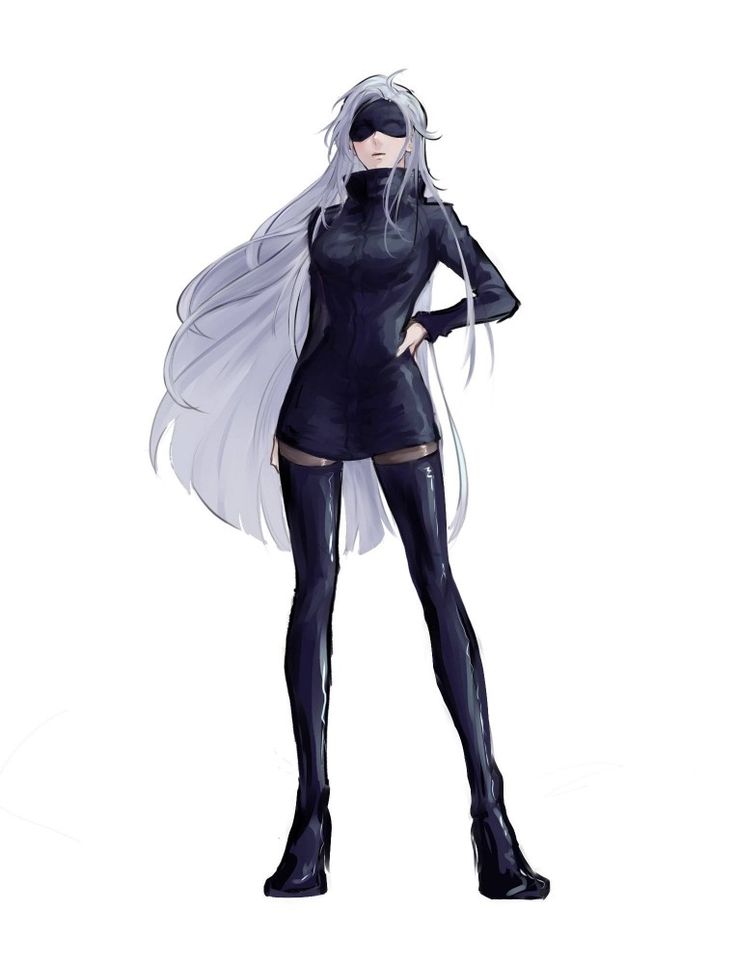 an anime character with long white hair and black clothes, standing in front of a white background