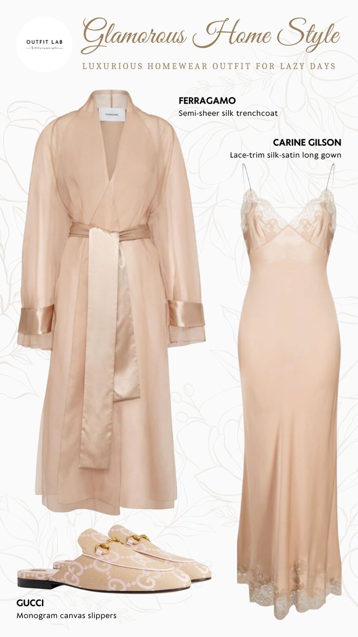 Unveil the Essence of Luxury with Ferragamo's silk trenchcoat, paired with the enchanting Carine Gilson gown. Complete the look with Gucci's Slippers and elevate your home with this indulgent outfit! #LoungeWear #HouseWear #SleepWare #HouseWearAesthetic #HomeLoungeOutfit #SummerLoungeWear #ComfyOutfitsForHome Stylish Pajamas For Women, Elegant Loungewear Dress, Classy Home Outfit, Old Money Lounge Wear, Luxury Lounge Wear, Elegant Lounge Wear, Outfits To Wear At Home, Feminine Loungewear, Home Style Outfit