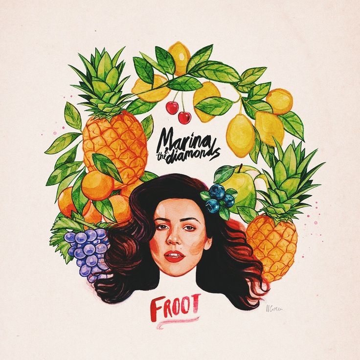 a painting of a woman surrounded by fruit and leaves with the words froot on it