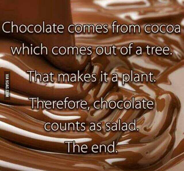 chocolate comes from cocoa which comes out of a tree that makes it a plant therefor, chocolate counts as salad the end