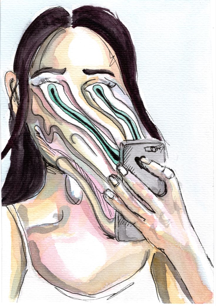 a drawing of a woman holding a cell phone to her face while covering her mouth