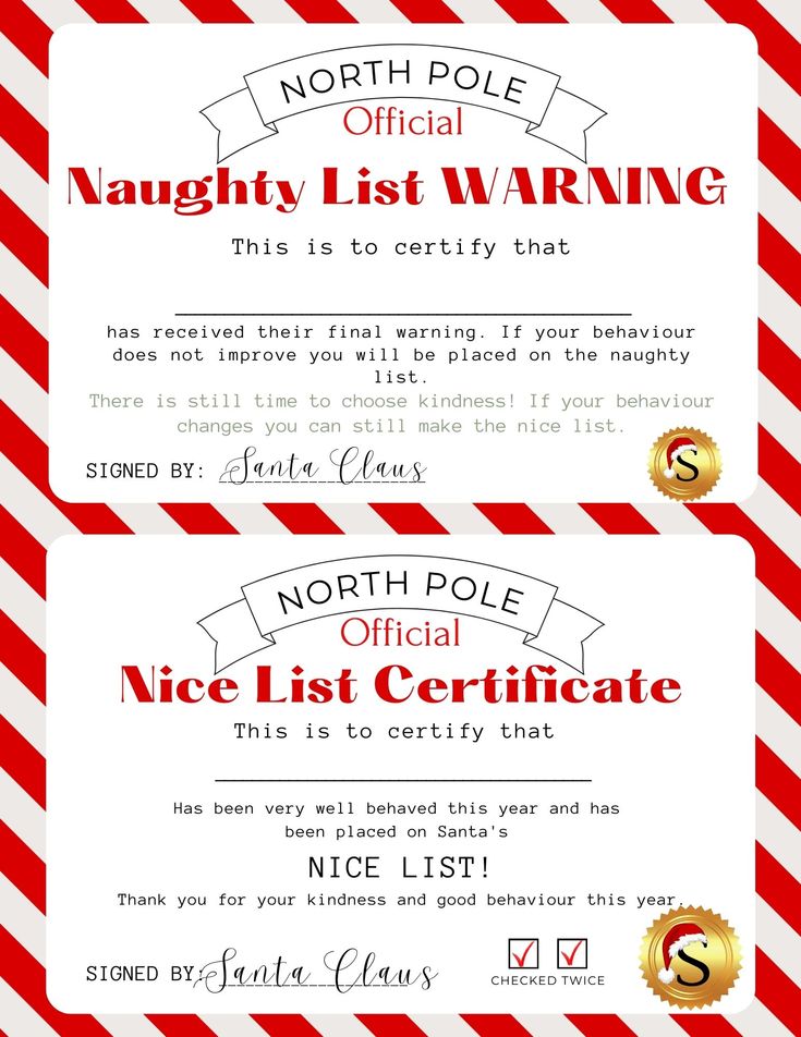 two red and white striped coupons with the words north pole warrant on each one