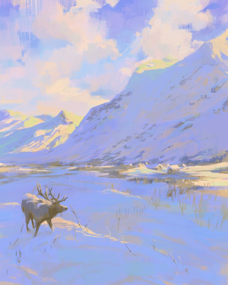 a painting of a moose standing in the snow by a lake with mountains in the background