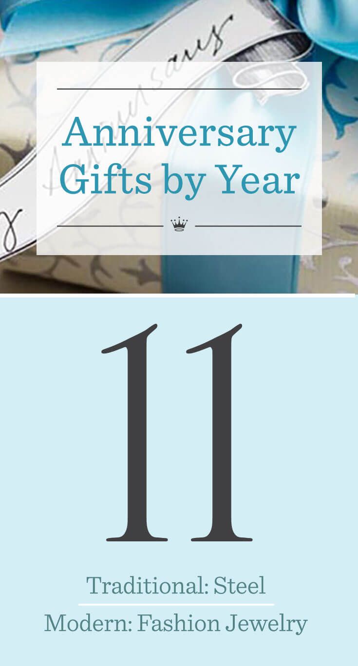 the 11 year anniversary gifts by year is shown with blue ribbon and bow on it