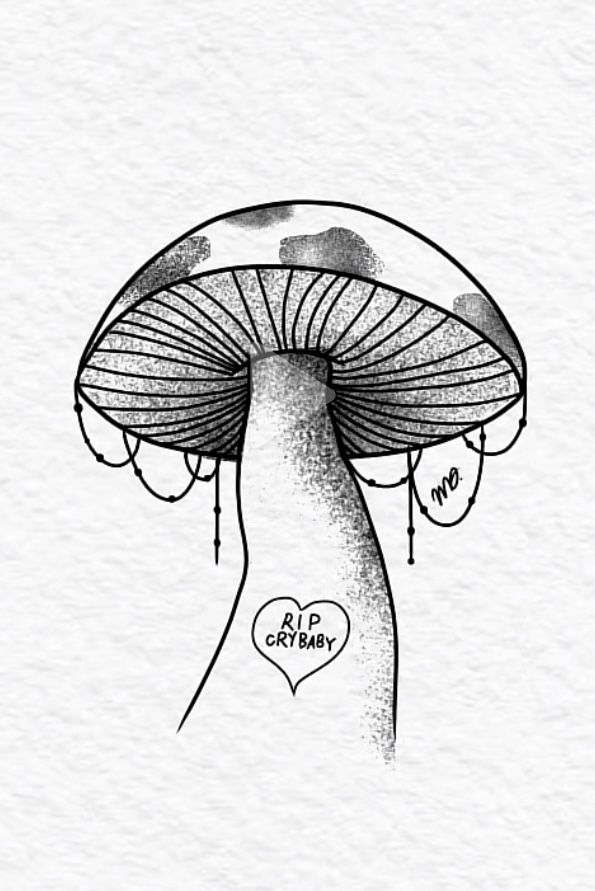 a black and white drawing of a mushroom with the words i love you on it