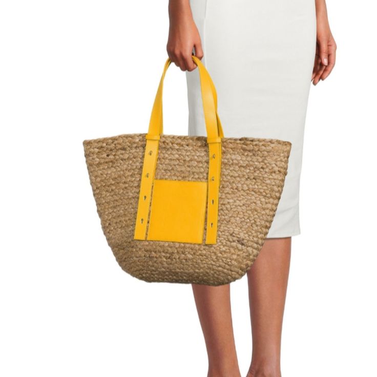 Jute Pocket Tote Bag 100% Jute With Manmade Accents Dimensions: 20.5in W X 15.75in H X 4.25in D (Width Is Measured Across The Bottom Of The Bag) Adjustable Double Handles With 10.25in Drop Trendy Large Capacity Yellow Beach Bag, Trendy Yellow Beach Bag With Large Capacity, Trendy Yellow Large Capacity Beach Bag, Casual Yellow Bag With Leather Handles, Casual Yellow Satchel Shoulder Bag, Yellow Double Handle Beach Bag For Everyday Use, Yellow Beach Bag With Braided Handles For Shopping, Yellow Large Capacity Vacation Bag, Yellow Double Handle Beach Bag For Vacation