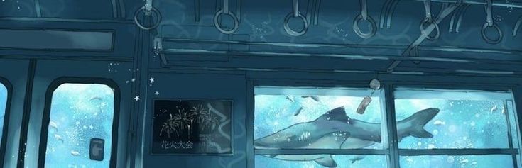 an animated image of a shark in the water looking out a window at another animal