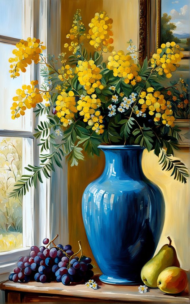 a painting of yellow flowers in a blue vase next to grapes and pears on a table