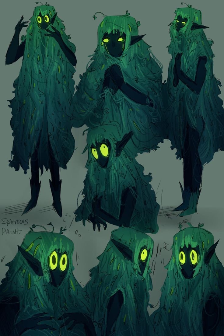 some green monsters with glowing eyes and long hair