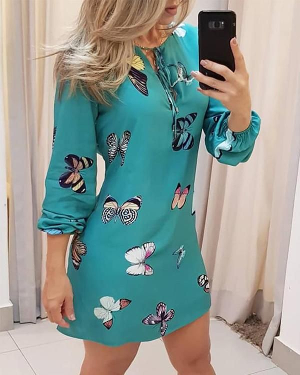 Oficina elegante señoras de manga larga mariposa flor de labios de labios Mini vestidos P428748, Azul-US10 Mode Prints, Butterfly Print Dress, Autumn Sleeve, Lantern Sleeve Dress, Oversize Fashion, Mini Robes, Autumn Dress, Trend Fashion, Sleeves (women)