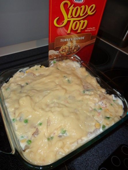 a casserole dish is shown next to a box of stove top potato soup