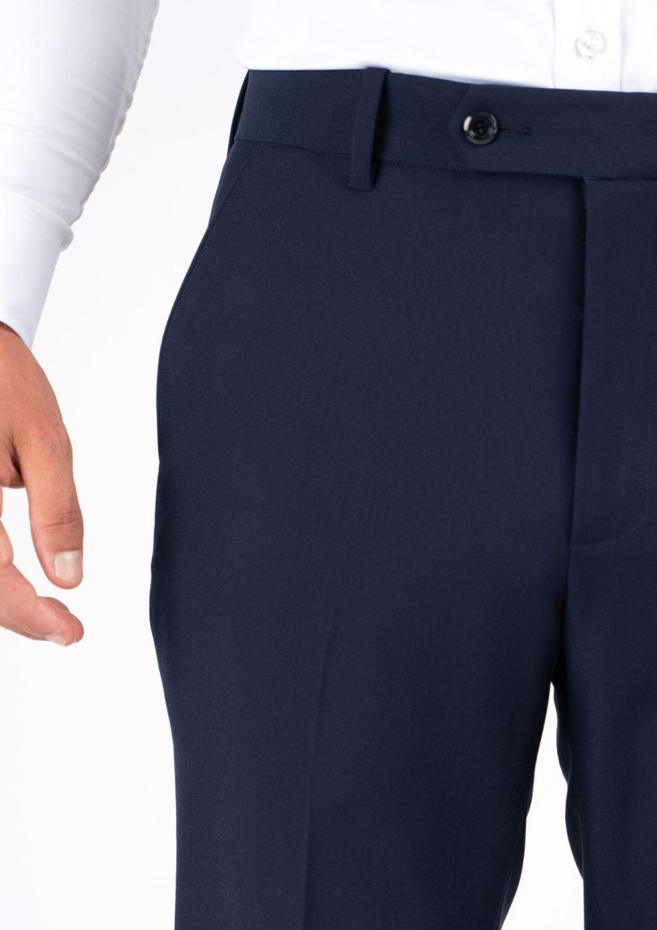 Cut from a stylish stretch cotton fabric, the Navy Blue Pants are a modern take on a versatile style. Pairing well with a wide variety of outfits, these pants will quickly become a go to favorite. Slim Fit High-waisted Elastane Bottoms, Navy Stretch Pants For Business Casual, Navy Fitted Elastane Pants, Navy Slim Fit Bottoms For Work, Fitted Navy Straight Dress Pants, Elastane Dress Pants With Welt Pockets, Slim Fit Elastane Trousers, Elastane Trousers With Welt Pockets, Navy Straight Pants For Business Casual