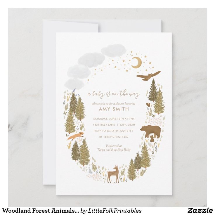 the woodland forest baby shower is shown in gold and white, with an animal theme