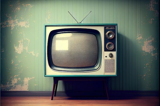 an old tv sitting on top of a wooden stand in front of a green wall