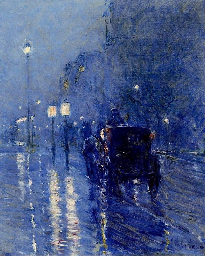 a painting of a horse drawn carriage on a city street in the rain at night