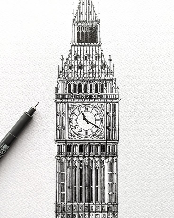 My drawing of Big Ben, London. London Clock Tower Sketch, Artichecture Drawings, Pencil Art Building Drawings, Drawn Houses Illustrations, Building Drawings Architecture, Structure Drawing Building, Drawing On Big Paper, Drawing Old Buildings, London Buildings Drawings