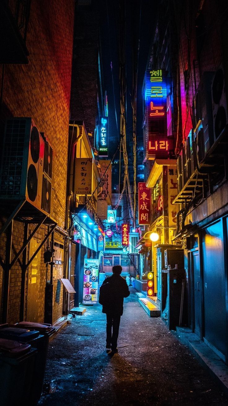 a person walking down an alley way at night with neon signs on the buildings in the background