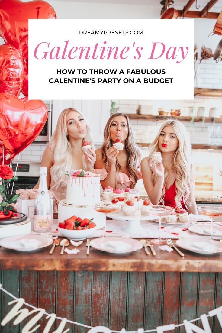 three beautiful women sitting at a table eating cake and drinking wine with the caption valentine's day how to throw a fabulous game party on an budget