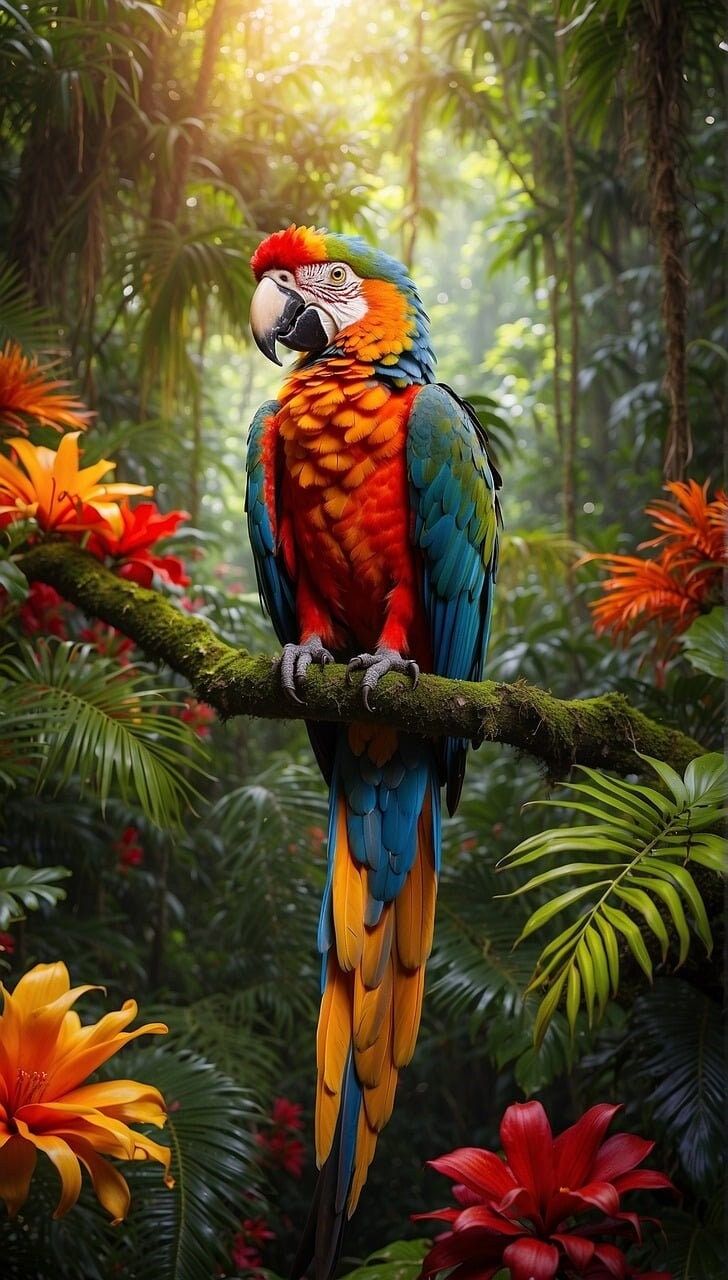 a colorful parrot sitting on top of a tree branch next to flowers and trees in the background