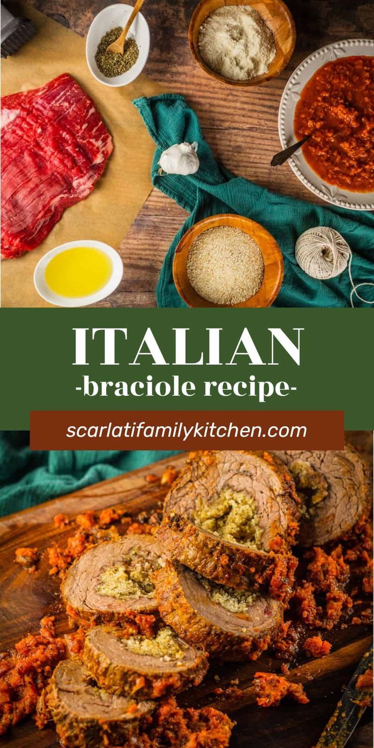 italian meatloaf recipe on a cutting board with spices and seasonings in bowls