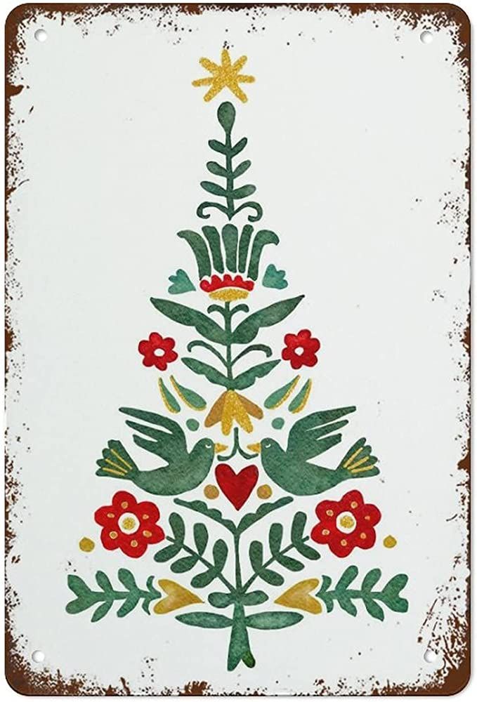 a drawing of a christmas tree with birds and flowers on it's branches, painted in watercolor