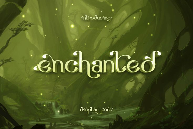 the title for an animated video game called enchanted, with trees and lights in the background