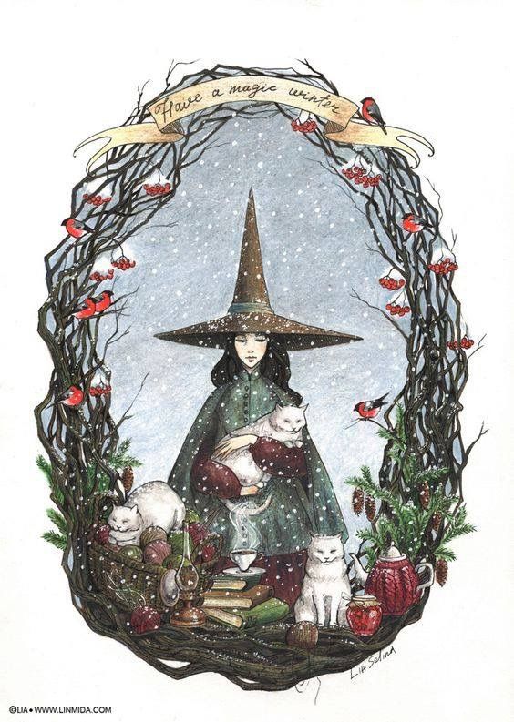 a drawing of a witch with her cats