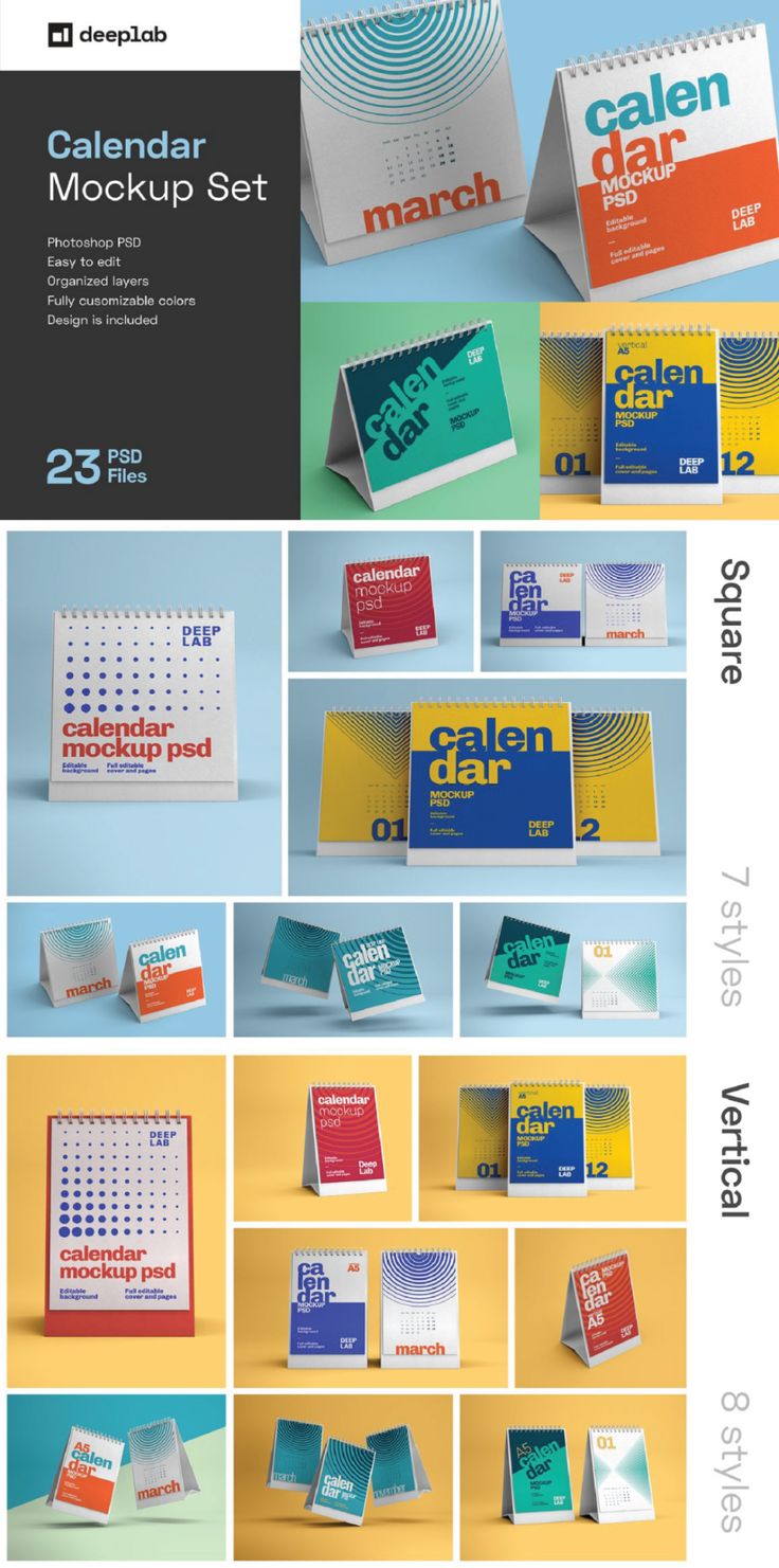 the calendar mockup set is designed to look like it has many different colors and shapes