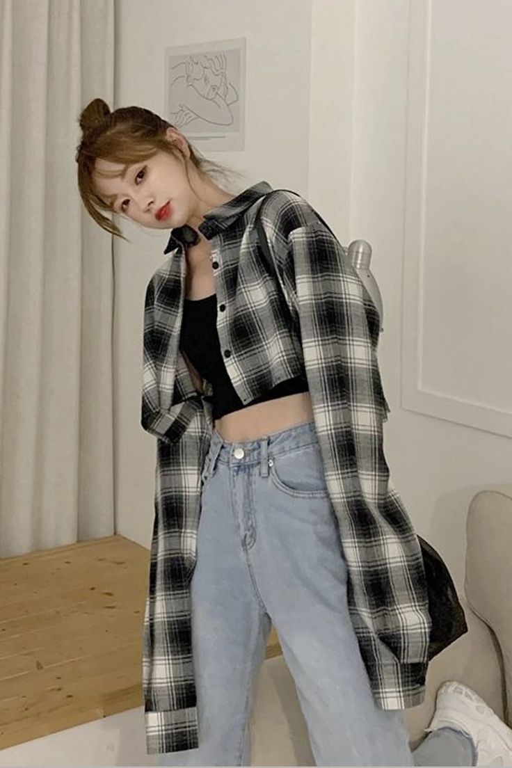 Long Sleeve Sexy Plaid Cropped Shirt – Tomscloth Trendy Plaid Flannel Shirt, Trendy Long Sleeve Plaid Tops, Trendy Plaid Long Sleeve Tops, Trendy Black Cotton Flannel Shirt, Edgy Button-up Top For Fall, Edgy Button-up Fall Tops, Edgy Collared Tops For Fall, Plaid Long Sleeve Grunge Tops, Trendy Long Sleeve Flannel Shirt