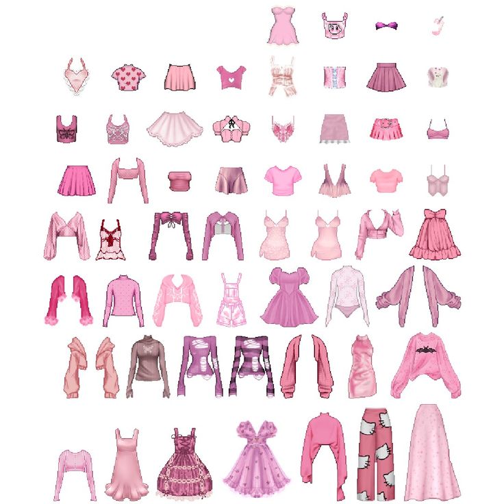 a large collection of pink clothes and clothing for dolls, all in different shapes and sizes