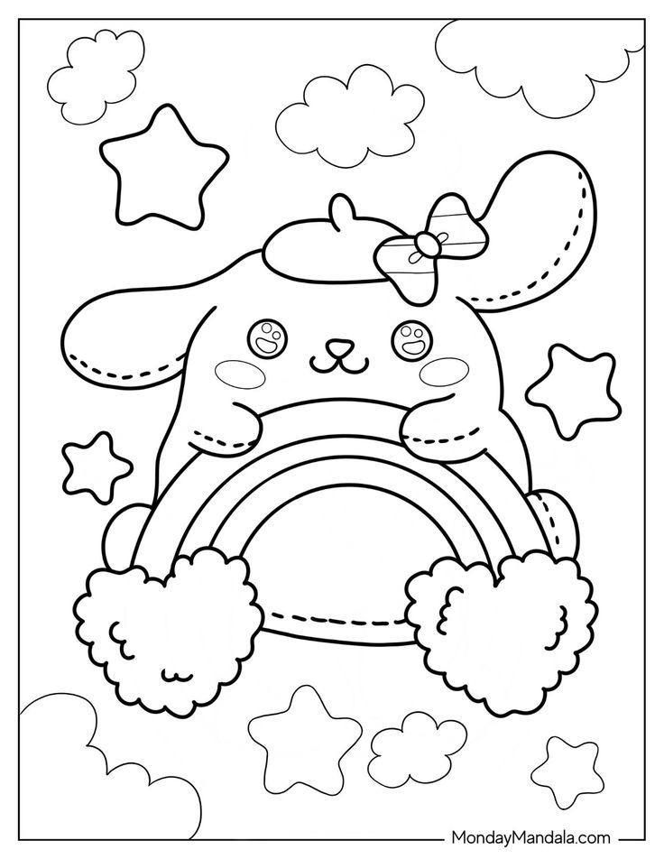 a coloring page with an image of a bunny in the sky and rainbows on it