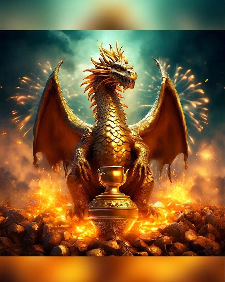 a golden dragon statue sitting on top of a pile of rocks next to a fire