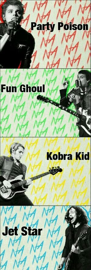 four different colored posters with the words party poison, fun ghoul, kobra kid and jet star