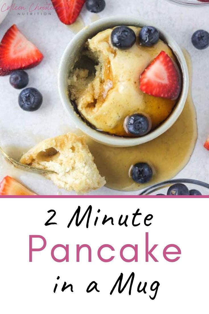 two pictures with the words, 2 minute pancake in a mug and strawberries