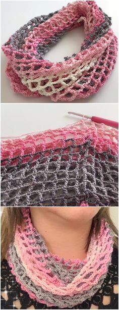 the crochet scarf is made with yarn and has two different colors on it