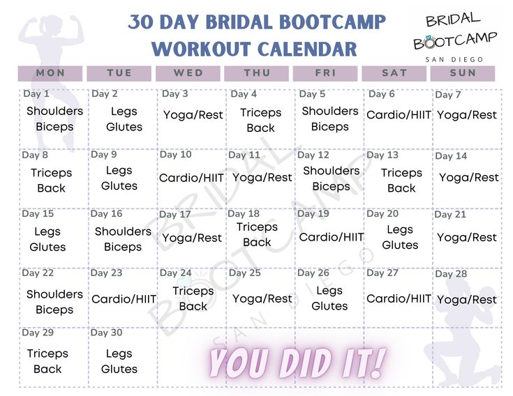 30 Day Bridal Bootcamp Workout Calendar Work Out Calendar Printable, Wedding Bootcamp, Bridal Bootcamp Workout, Exercise Calendar, Bridal Bootcamp, Bridal Workout, Bootcamp Workout, Back Workout Women, Gym Workout Plan For Women