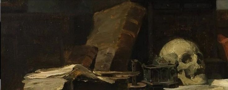 a painting of a skull and books on a table