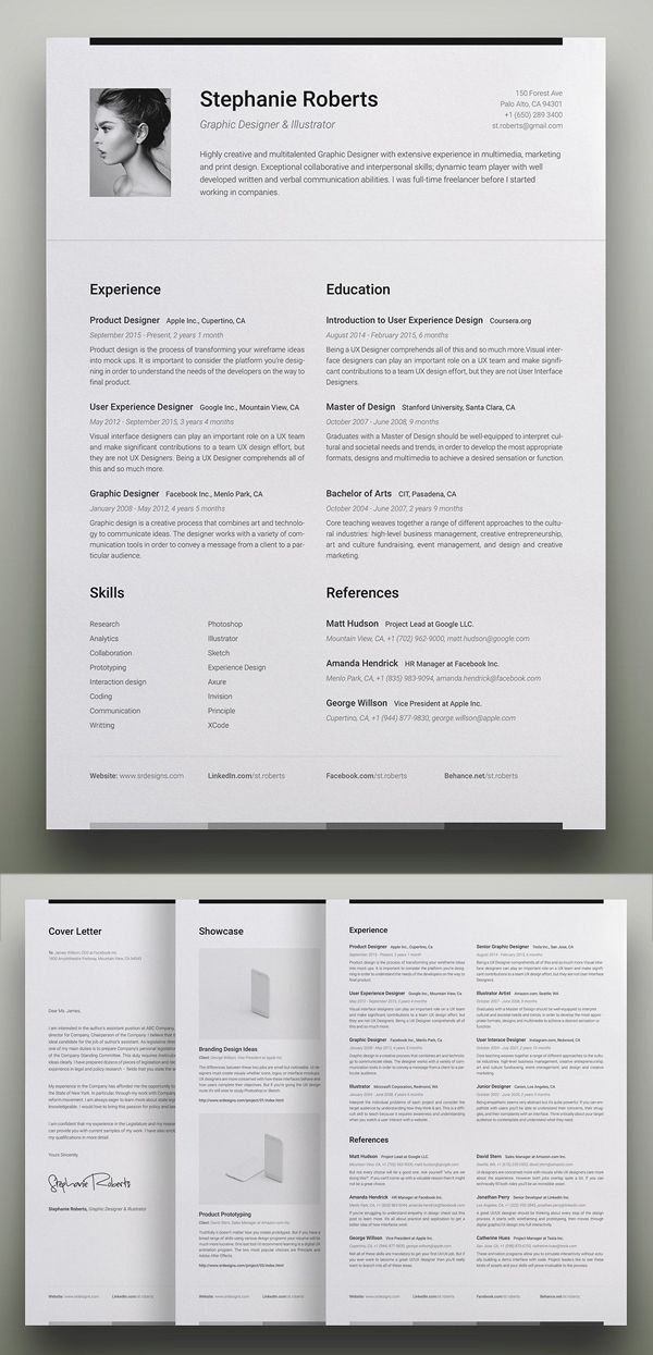 a clean and modern resume template with two pages on the front, one in black and white