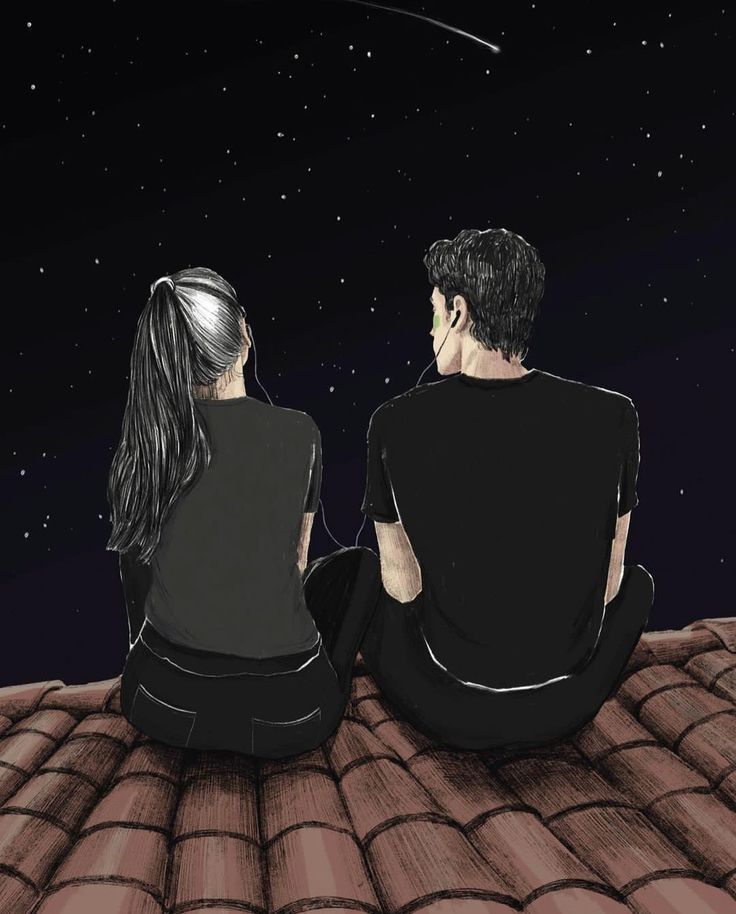 two people sitting on top of a roof looking at the stars