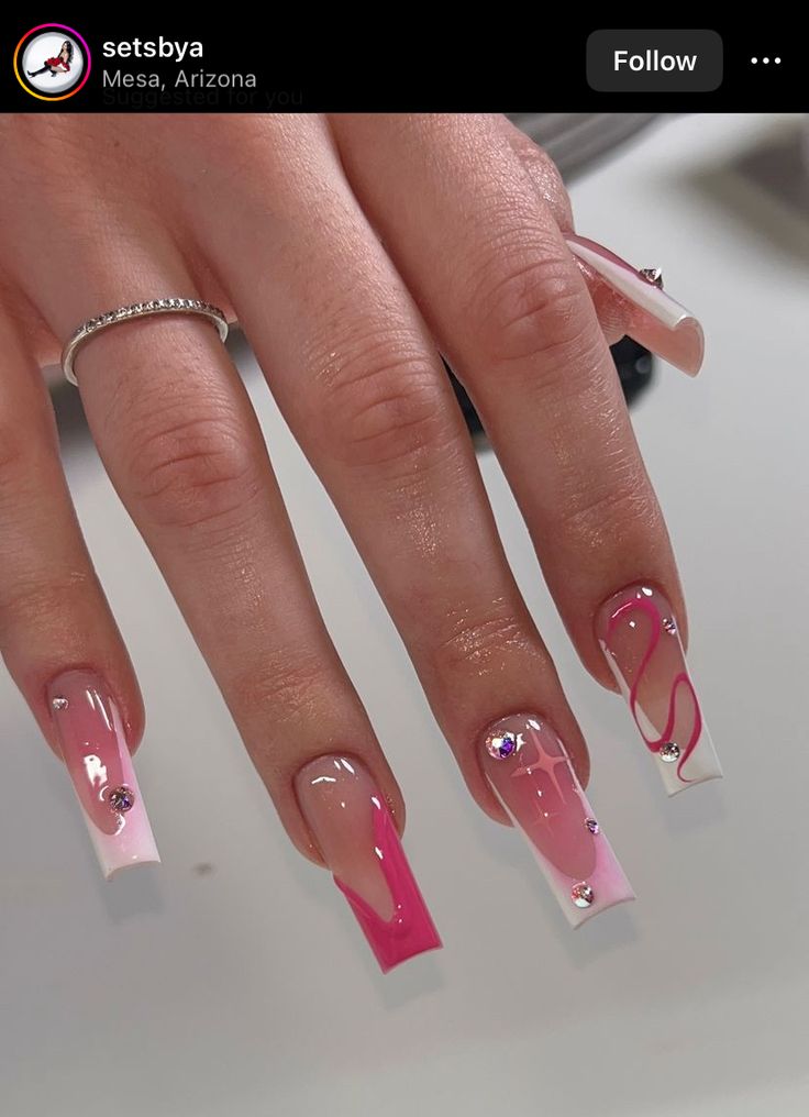 Cool Design Nails Creative, Young Miko Nails, Elegant Birthday Nails, V Cut French Tip Nails, French Tip Nails With Gems, Tapered Nails, Latina Nails, Amazon Beauty, Girly Acrylic Nails