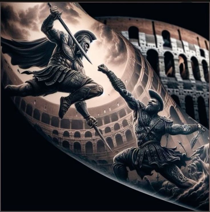 Spartan Sleeve Tattoos For Guys, Spartan Tattoo Designs Men, Gladiator Tattoo Design For Men, Roman Art Tattoo, Gladiator Tattoos, Roman Tattoos, Sparta Tattoo, Warrior Tattoo Sleeve, Greek God Tattoo