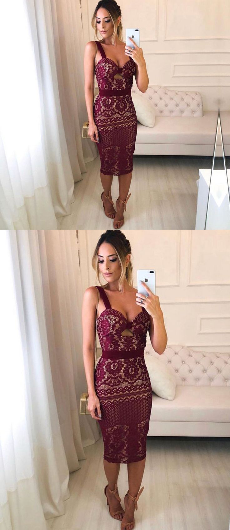 Burgundy Lace Sheath Tight Knee Length Homecoming Dresses This homecoming dress could be custom made, there are no extra cost to do custom size and color.Description of homecoming dress1, Material:lace 2, Color: picture color or other colors, there are 126 colors are available, please contact us for more colors, please ask for fabric swatch by this link: https://www.alinebridal.com/collections/extra-cost/products/fabric-swatch-fabric-sample, total cost is $20.003, Size: standard size or custom s