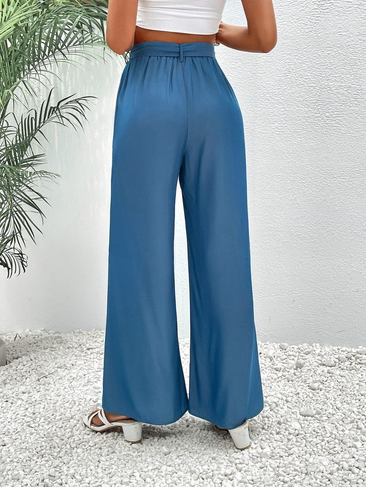 F00208837-103 Chic Solid Blue Pants, Chic Blue Solid Color Pants, Casual Solid Full-length Bottoms, Casual Solid Color Full Length Bottoms, Non-stretch Blue Pants, Stretch High-waisted Denim Blue Pants, Light Blue Full-length Pants With Pockets, Stretch Denim Blue Trousers, Light Blue Full Length Pants With Pockets