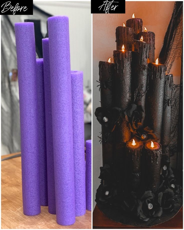 purple candles sitting on top of a wooden table next to a pile of fake wood