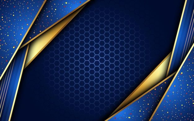 an abstract blue background with gold lines and stars