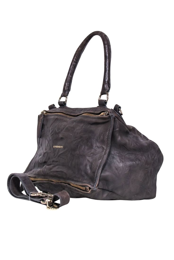 This ultra-stylish Givenchy taupe leather satchel is the perfect grunge it girl accessory. The crinkle leather bag features a top handle and adjustable crossbody strap for fashion-forward versatility, you'll never want to go without it! Swap out your basic black purse for this edgy essential and enjoy the compliments. Made in Italy 100% Leather Fabric lining Zipper top closure Two front zipper pockets Removable straps Minor rubbing and cracks on straps and corners Height 12" Width 12" Depth 6" H Taupe Leather, Couture Outfits, Buy Shoes Online, Black Purse, French Brands, Black Purses, Zipper Top, It Girl, Satchel Bag