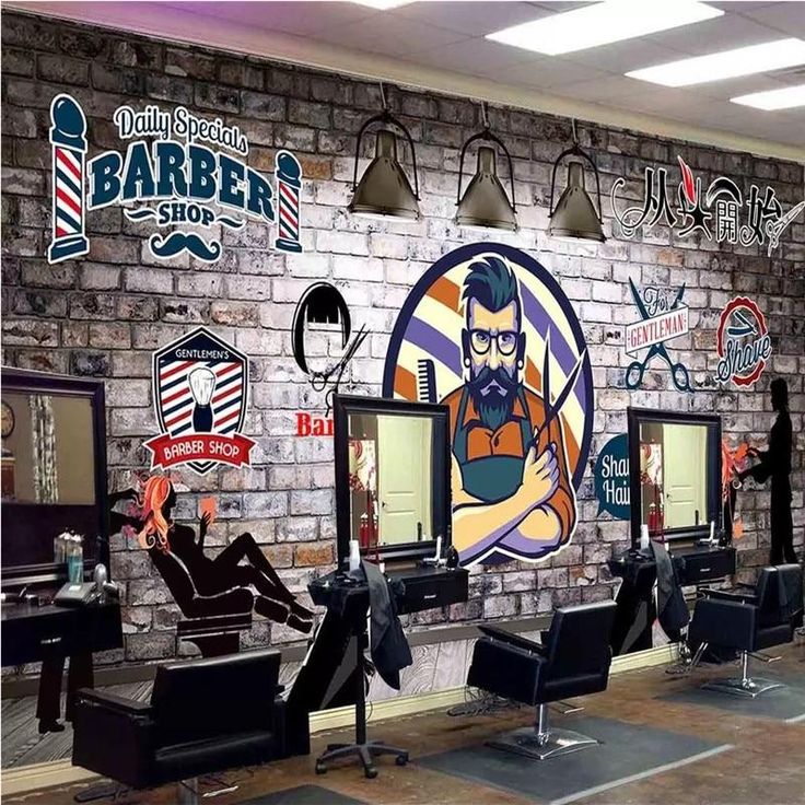 the barber shop is decorated with many different styles and colors, including brick wallpaper