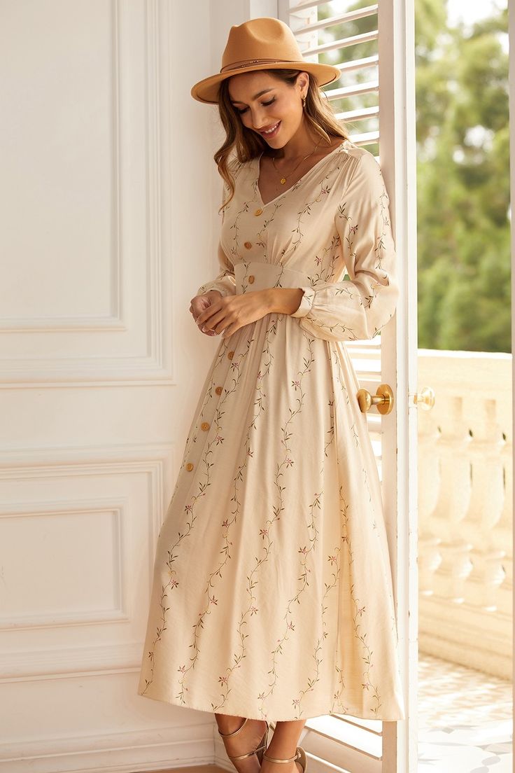 V Neck Long Sleeve Button Detail Floral Midi Dress Floral Chiffon Maxi Dress, Cotton Linen Dresses, Long Sleeve Short Dress, Maxi Dress Cotton, Chiffon Maxi Dress, Ruffled Maxi Dress, Maxi Dresses Casual, Midi Dress With Sleeves, Lace Midi Dress