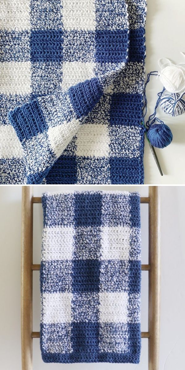 crocheted blanket with blue and white checkerboard pattern on it, next to yarn skeins